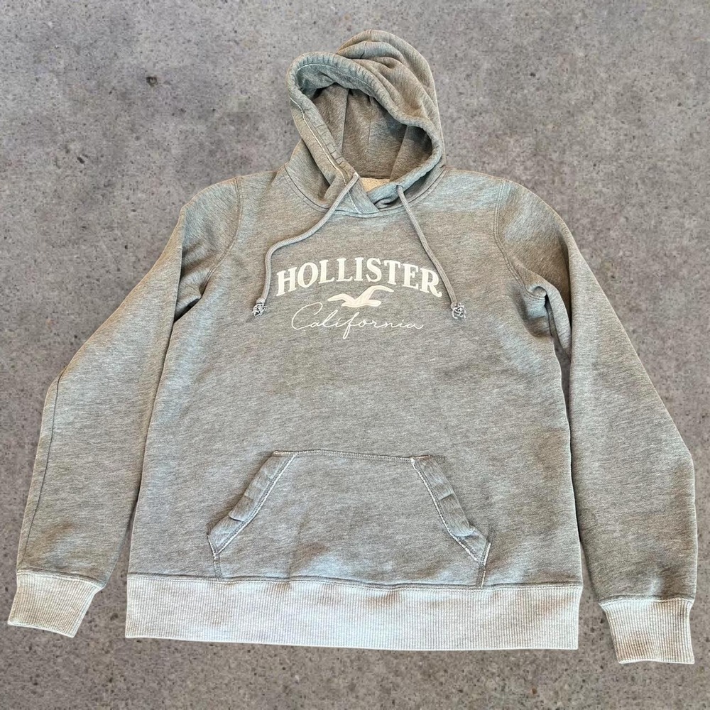 Hollister Heather Grey Pink Embroidered Logo Pullover Hoodie Sweatshirt Womens M